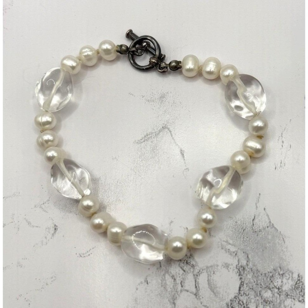 Classic Hand Knotted Cultured Pearl Quartz Bracelet‎ 8" Silver Toggle Estate